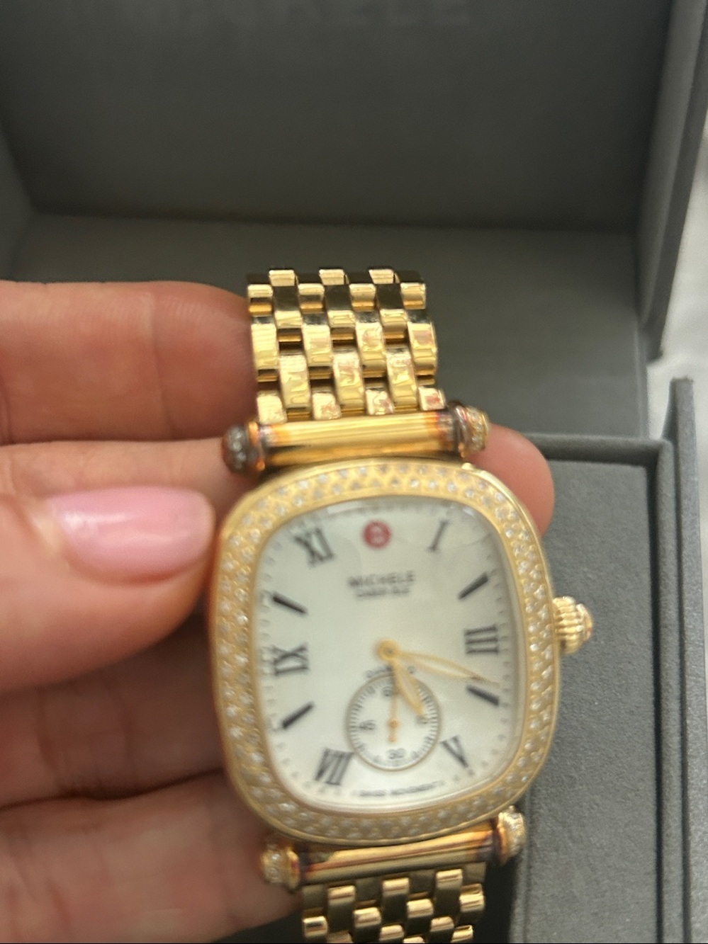 Michele Gold-Tone Diamond Bezel Mother-of-Pearl Dial Women's Watch - Picture 16 of 17